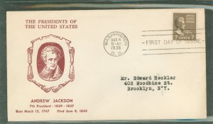 US 812 1938 7c Andrew Jackson (presidential/prexy series) single on an addressed (typed) first day cover with a Hux cut cachet.