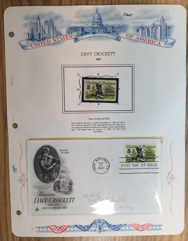 #1330 Davy Crockett FDC and MNH Single in mount on souvenir page