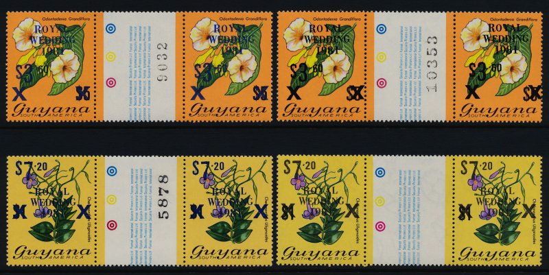 Guyana 334-5a Gutter Pairs MNH Flowers, Royal Wedding o/p