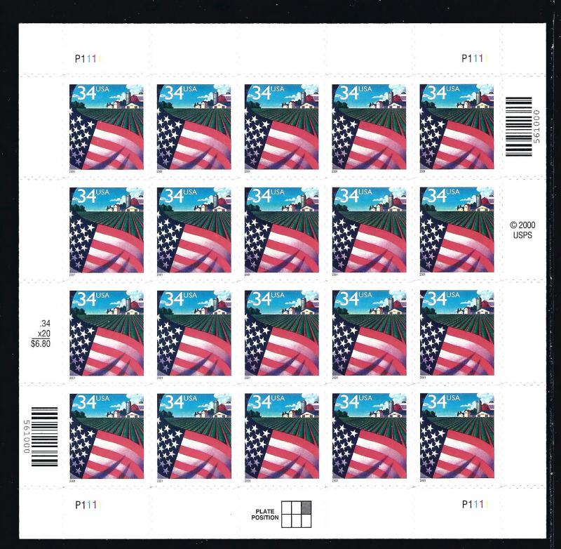 3470,  P. O. FRESH PANE of 20, nice,**XF**, MINT NH