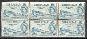 Gibraltar Scott 146 (SG159) Block of 6 MNHOG - 1954 Royal Visit issue -SCV $3.00