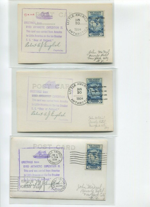 7 CAPT ROBERT A.J. ENGLISH SIGNED 1934 PHOTO POST CARDS BYRD ANTARCTIC EXPO II