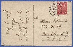 NORWAY 1945  20o #263 on Christmas PPC, HOLMEFJORD to USA