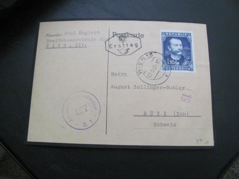 AUSTRIA 1952 SC# 579  FIRST DAY CARD