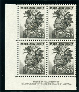 Papua New Guinea 1958 QEII 3½d black imprint block of four MNH. SG 6a.