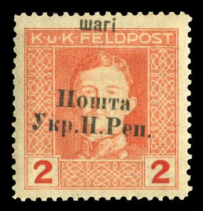 Western Ukraine #45var, 1919 2sh on 2h red orange, overprint completely displ...