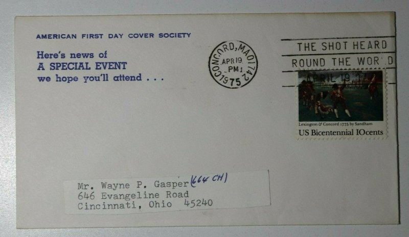 American FDC Special Event shot heard around world 1975 Philatelic Cover cancel