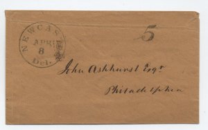 c1850 New Castle DE stampless cover black CDS and 5 rate [S.3688]
