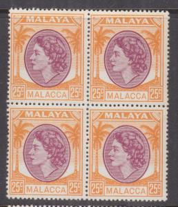 MALACCA, MALAYSIA, 1954 QE 25c., block of 4, mnh,/lhm.