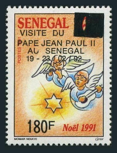 Senegal 975,MNH.Michel 1178. Visit of Pope Jean Paul II,1992.Angels,surcharged.