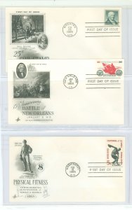 US 1059A/1261-62 1965 3 U/A FDCs, artcraft cachets, 25c coil, Battle of New Orleans, Physical fitness