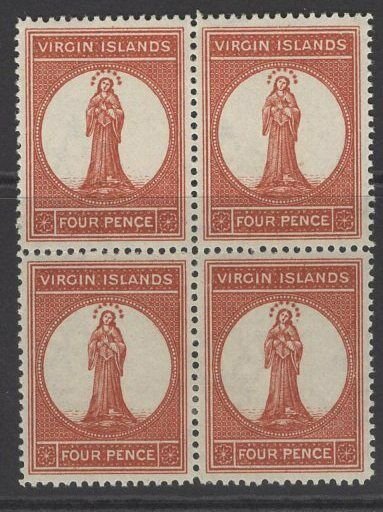 VIRGIN ISLANDS SG36 1887 4d PALE CHESTNUT MTD MINT BLOCK OF 4