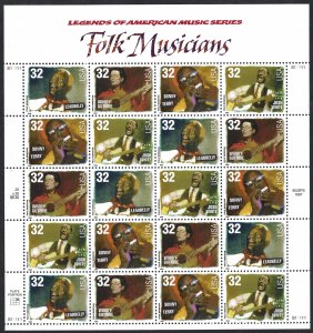 United States #3212-3215 32¢ Folk Musicians (1998). Mini-sheet of 20. MNH