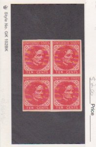 Confederate States CSA # 14 Reprint, Carmine 2c Block of 4 MNH