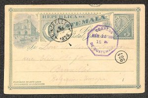 GUATEMALA H&G #3 POSTAL CARD GUATEMALA TO BRUSSELS BELGIUM 1896