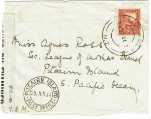 Pitcairn Island 1944 incoming cover from New Zealand, censored