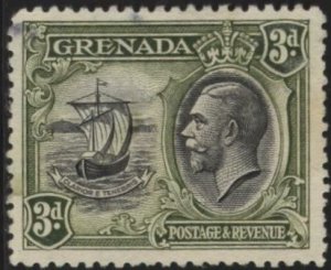 Grenada 119 (used, tiny thin) 3p seal of colony, George V, ol grn & black (1934)