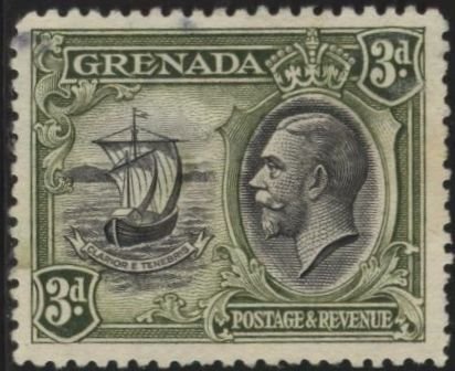 Grenada 119 (used, tiny thin) 3p seal of colony, George V, ol grn & black (1934)