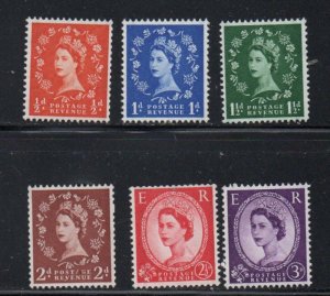 Great Britain Sc 317c-322d 1957 QE II graphite line stamp set mint NH