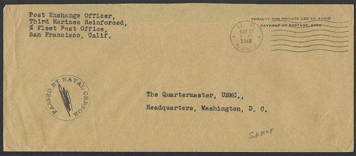 US SAMOA 1943 cover : US NAVY machine cancel, 3rd Marine Reinforced........50409