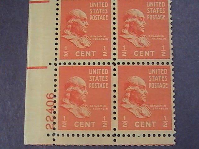 U.S.# 803-MINT/NEVER HINGED---LL- PLATE # BLOCK 4-PREXIE SERIES-1938(#B)