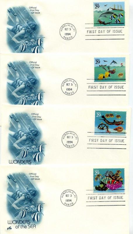 2863-66 Wonders of the Sea, 4 ArtCraft, single, FDCs 