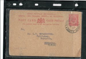 KENYA & UGANDA  COVER (P2908B) 1923 KGV  15C PSC MOMBASA TO USA 