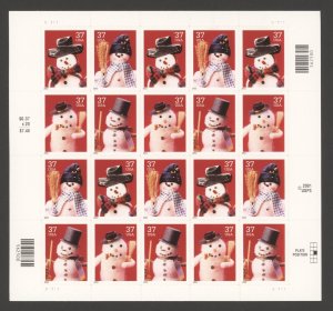 2002 US Scott #3676-3679, 37c Snowmen, Sheet of 20 MNH