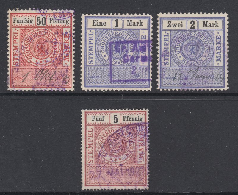 Germany, Hesse, 1900, 1905 State Revenues, 4 diff used, sound, F-VF Stempelmarke