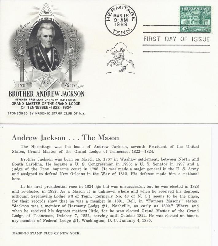 1037   4 1/2c  THE HERMITAGE -  Masonic Stamp Club of NY cachet w/insert card