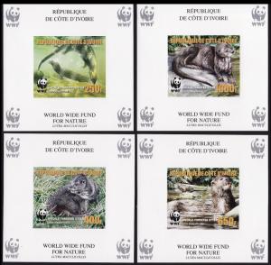 Ivory Coast WWF Speckle-throated Otter 4 Souvenir Sheets imperforated with error