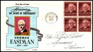 US 1062 George Eastman Block of Four Fluegel Pen FDC