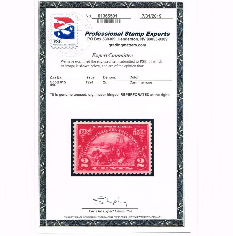 EXCELLENT GENUINE SCOTT #615 VF-XF MINT PRISTINE OG NH HUGUENOT WALLOON PSE CERT