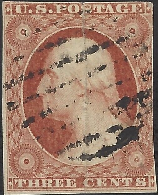 US Scott #10 Used 3 Cent 1851 Orange Brown George Washington Stamp