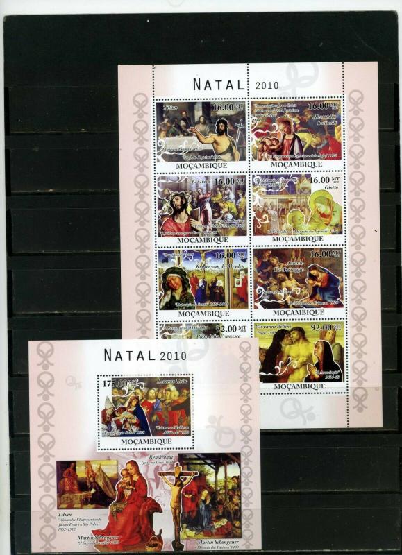 MOZAMBIQUE 2010 CHRISTMAS PAINTINGS SHEET OF 8 STAMPS & S/S MNH