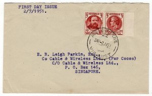 Australia 3d pair First Day to Cable & Wireless Cocos Island Singapore 1951