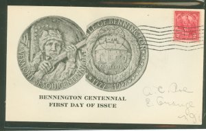 US 643 1927 2c Battle of Bennington (single) on an addressed first day cover with a Roessler cachet.