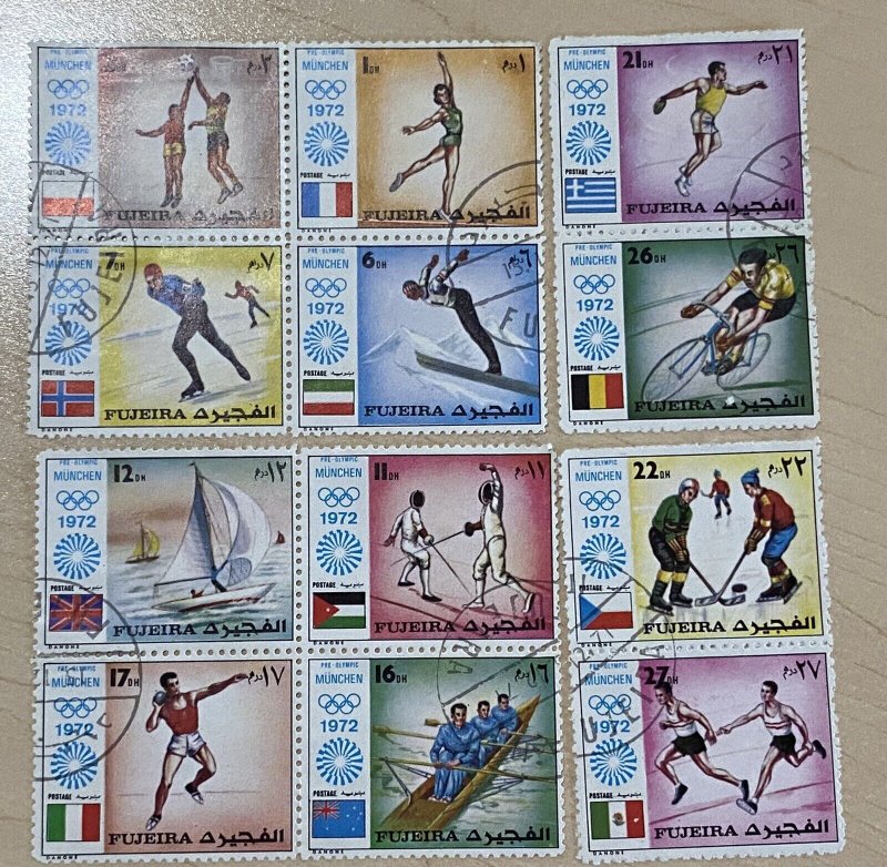 UAE Fujeira Olympics 1972 Munchen Olympic Rings & Nation Flags 12 stamps lot