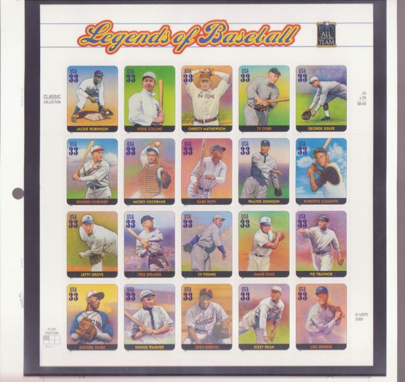 3408 3408a Legends of Baseball 33c 2000 MNH Sheet Pane P1111