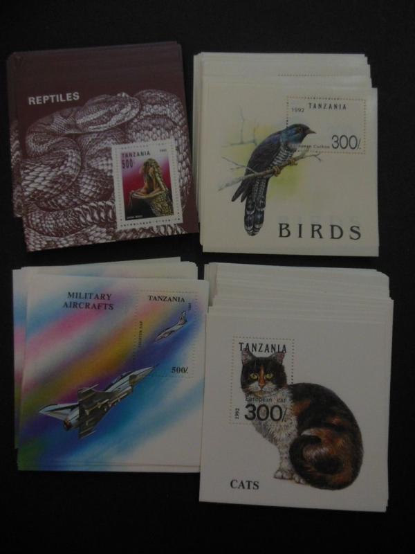 TANZANIA : 4 colorful Topical S/s of Birds, Cats, Snake & Airplanes. 50 of each