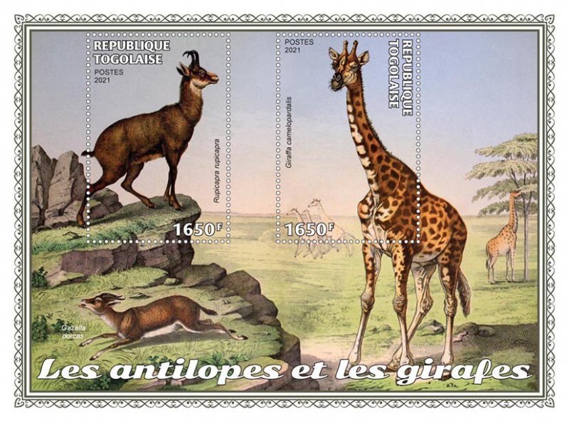 TOGO - 2021 - Antelopes and Giraffes - Perf Souv Sheet - Mint Never Hinged