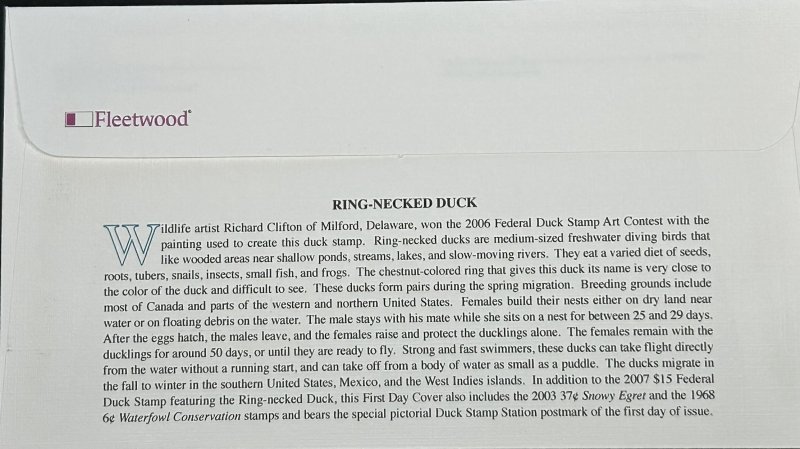 United States SC#RW74 2007 Duck Stamp First Day Issue Ring-Necked Duck