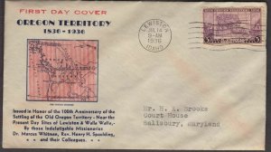 1936 Oregon Territory 100 years Sc 783-11b FDC Kapner cachet Lewiston ID