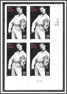 SCOTT  3812  ROY ACUFF  37¢ PLATE BLOCK  MINT NEVER HINGED  SHERWOOD STAMP