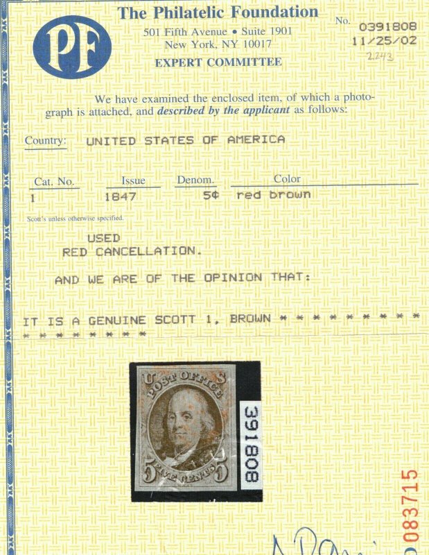 USA #1 Very Fine Used With Red Cancel **With Certificate**