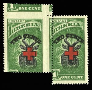 Liberia #B3var, 1918 1c+2c Red Cross, misperforated horizontal pair, never hi...