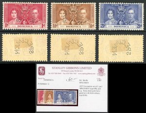 DOMINICA SG96s/8s 1937 Coronation set of 3 perf SPECIMEN (type B9) M/M