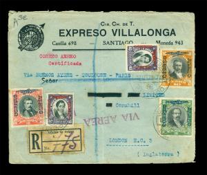 CHILE 1928.SET.12  AIRMAIL commercial multi-franking cvr to UK w/10p blue SURCH.