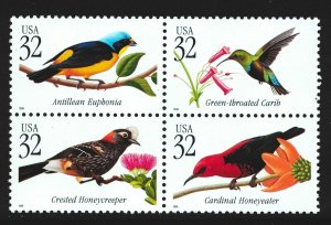 Scott 3222-3225 Tropical Birds Block Set of 4- MNH 32c 1998