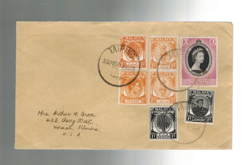 1954 Taiping Perak Malaya to Normal Illinois USA Multi Franking Stamp Cover